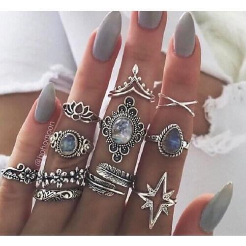 Bohemian retro crystal flower elephant hollow lotus stone ring set carved flower leaf Star Crystal Gem lady ring
