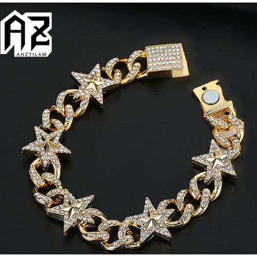 AZ 13mm HIP HOP Bling Iced Out Cuban Miami Chain Fashion Five-Pointed Star Bracelet Long Link Chain Hand Jewelry For Men Women