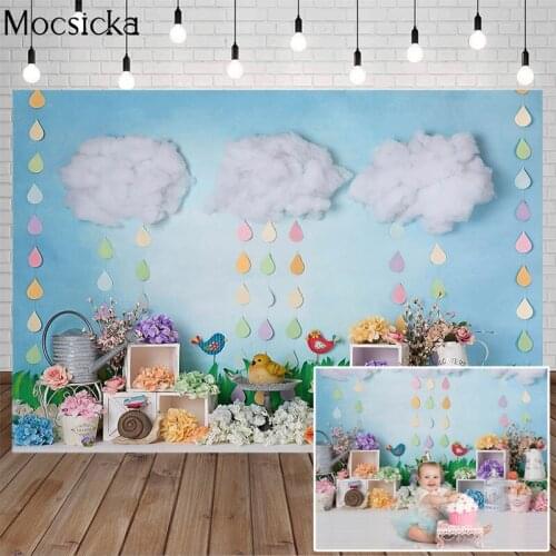 Newborn Baby Shower Birthday Portrait Backdrop Floral Clouds Raindrops Child Cake Smash Photography Background For Photo Studio