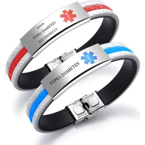 Customized DIY Medical Alert ID Bracelets Silicone Stainless Steel Wristband for Men Woman SOS ICE Jewelry
