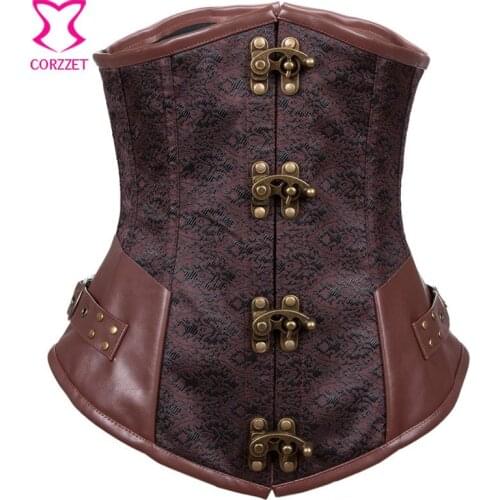 Vintage Brown Brocade Steel Boned Underbust Corset Steampunk Clothing Waist Slimming Corsets and Bustiers Gothic Sexy Korset