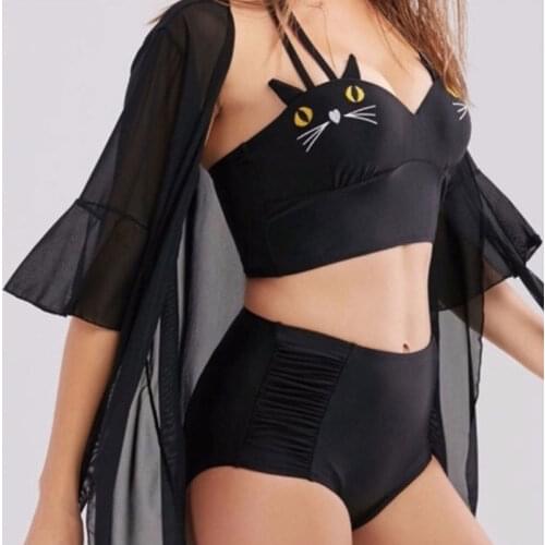 Cute Cat Print Black Bikini Sets Women Bathing Suit Swimwear Padded Halter Bandage Bra High Waist Swimsuit Fashion Women Bikinis