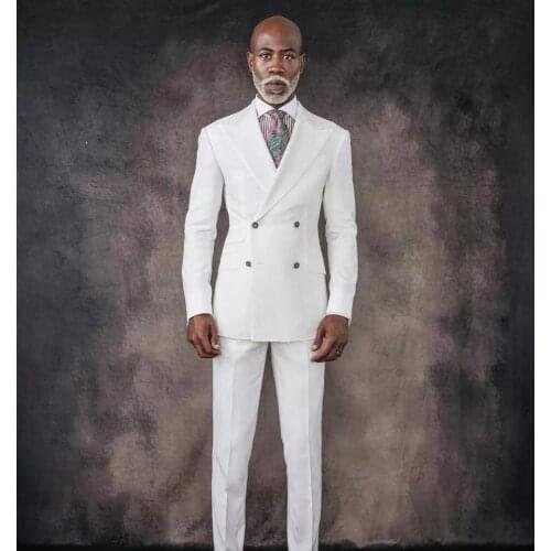 Wide Lapel White Double Breasted Men Suits Business Wedding Wear Costume Homme Groom Tuxedos Terno Masculino Slim Fit Prom Party