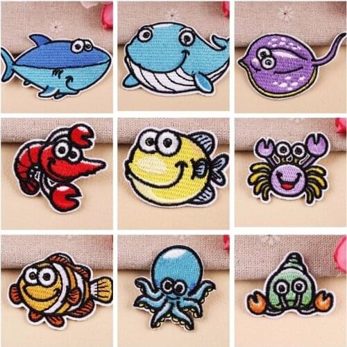 Marine life Animal patches Cartoon badge for Childrens BOY clothes Patches For Clothing Appliqued badges Shark jellyfish shrimp