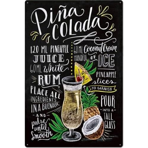 Original Vintage Design Pina Colada Cocktail Recipe Tin Metal Signs Wall Art, Thick Tinplate Print Poster Wall Decoration Bar/Ki