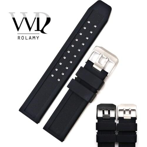 Rolamy 23mm Wholesale High Quality Rubber Silicone Replacement Wrist Watch Band Strap Belt With Black Silver Buckle