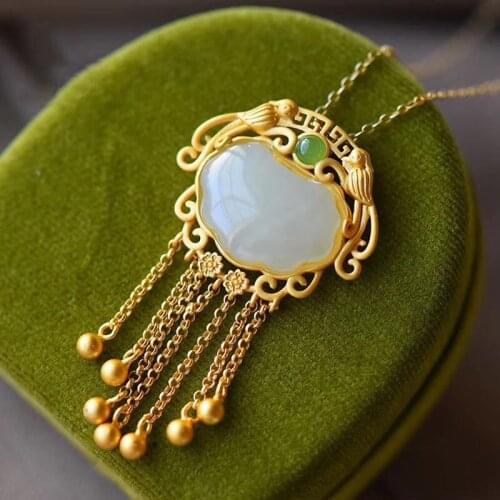 Retro Style S925 Sterling Silver Hetian Jade Inlaid White Jade Lock of Good Wishes Tassel Bell Jade Pendant Jade Necklace Pendan