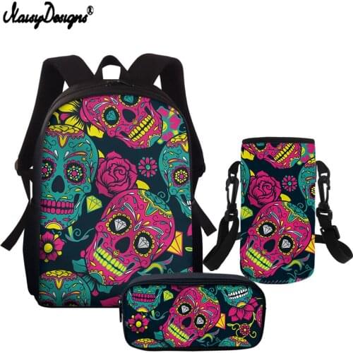 NOISYDESIGNS Teenager Boys Girls Schoolbags Floral Skull Printing Kids School Backpacks Children Orthopedic BookBags 3Pcs/set