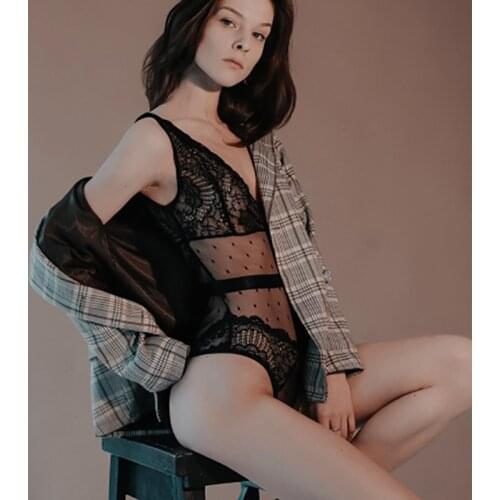 Sexy Lingerie One Piece Women Lace Bra Set Deep V Hot Erotic Sexy Hollow Underwear Halter Open Bra Transparent Lingerie