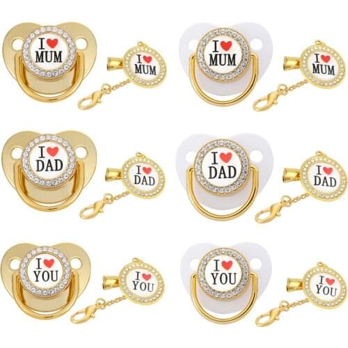 I Love Mum Dad Letter Pacifier Baby Shower Gift Bling Baby Dummy Silicone BPA Free Infant Nipple Newborn Pacifiers For Babies