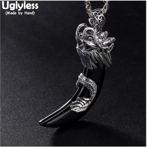Uglyless Real Solid 925 Sterling Silver Handmade Dragon Pendants for Men Cool Chalcedony Tooth Necklaces NO Chains Thai Silver