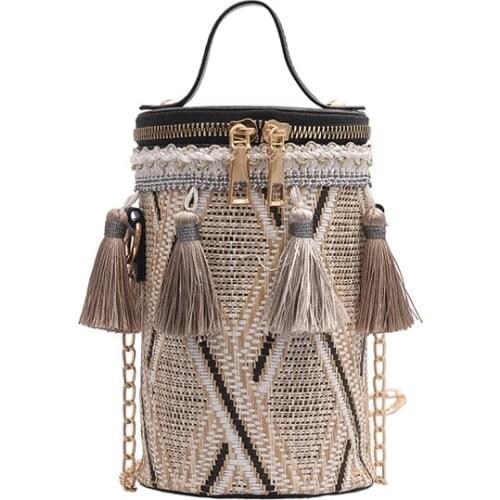 Ethnic Style Straw Chain Messenger bag Single Shoulder Bag Woven Cylinder Small Bag Tassel Bucket Bag Handbag