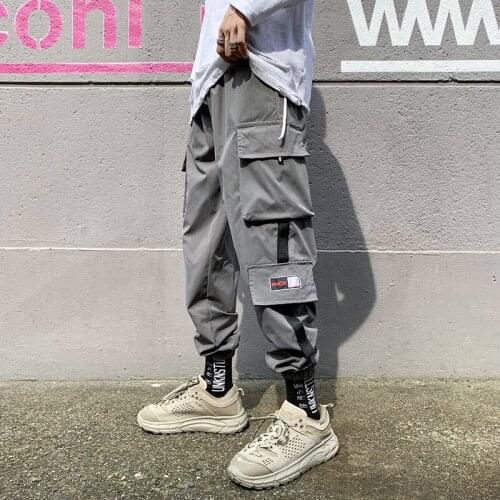 Japanese Fashion Men Hip Hop Cargo Pants Grey Black White Harajuku Fashion Streetwear Men Sweatpants Plus Size Commuter Trousers