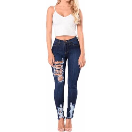 Womens Classic High Waist Butt Lift Stretch Ripped Hole Pants Skinny Ladys Denim Jeans