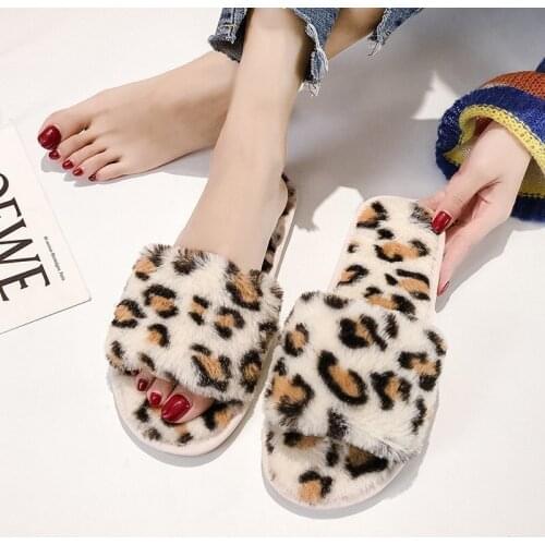 2021 Summer New Plush Slippers Pink Viscose Shoes Plush Warm Leopard Print Womens Slippers Fashion Casual Non-slip Beach Shoes