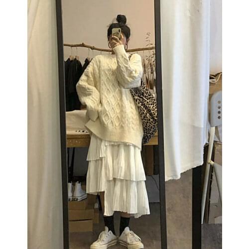 Women 2021 Autumn Winter Fashion 2 Piece Sets Female Loose Kintted Sweater Pullovers Ladies Elastic Waist Loose Skirt Sets Y533