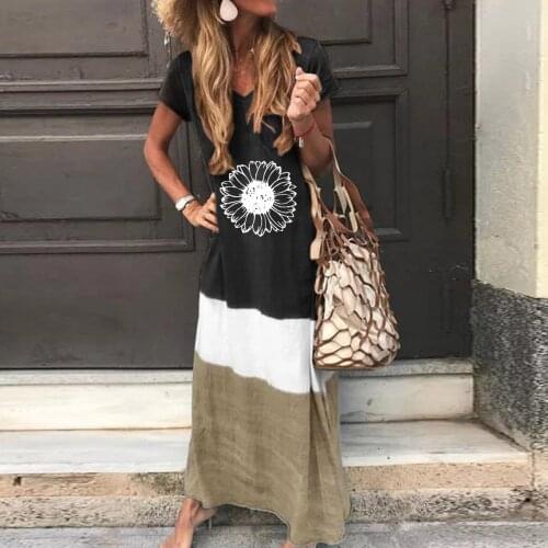 2021 Dresses Women Daily Tie-dyed Color Patchwork Oblock V Neck Short Sleeve Maxi Long Dresses Female Dress Vestidos Plus Size