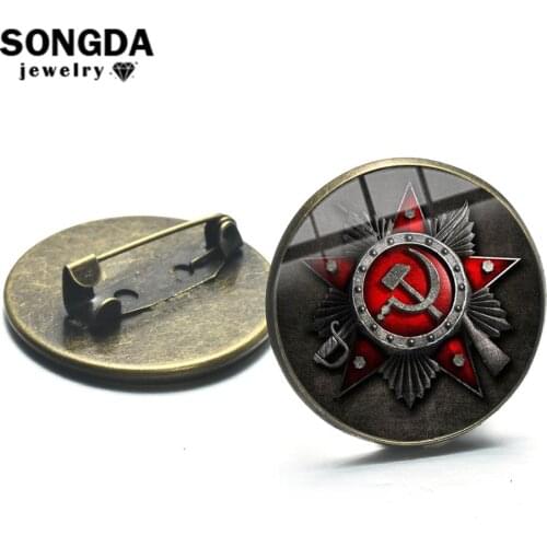 SONGDA CCCP USSR Soviet Army Red Star Brooches Bronze Plated Glass Art Round Metal Pins Button Russian Badges Decorative Jewelry