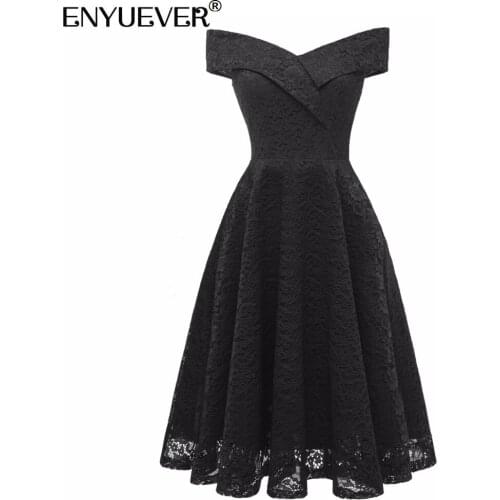 Enyuever Black Lace Dress Women Clothing Off Shoulder Robe Tunic Swing Elegant Evening Party Formal Dress Robe Vintage Vestidos