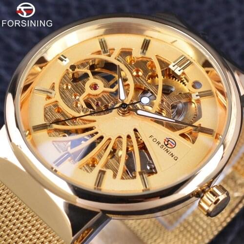 Forsining Golden Fashion Series Simple Skeleton Design Stainless Steel Open Work Mens Watches Top Brand Luxury Mechanical Watch