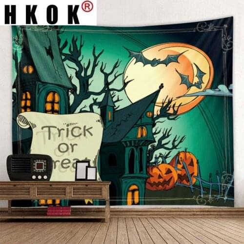 HKOK Halloween Bat Pumpkin Moon Tapestry Wall Hanging Covering Rugs Background Cloth Beach Mat Blanket Art Bedroom Home Decor