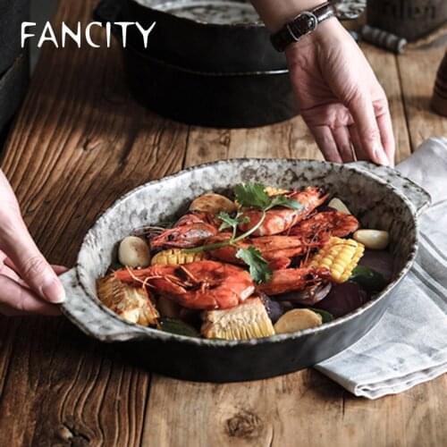 FANCITY Personalized ceramic plate, double ears, deep plate cheese, household baked rice bowl, special tableware for oven