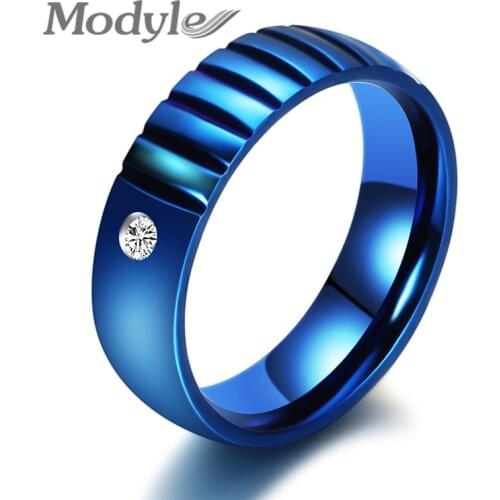 Modyle 6mm Classic With Crystal Rings Blue 316L Stainless Steel Rings Engagement Wedding Bands For Men Women Jewelry