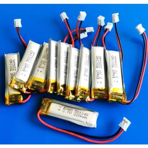 Lot 10pcs 501240 JST 2.0mm 3.7V 220mAh lithium polymer li ion rechargeable battery Lipo for MP3 GPS bluetooth headset video pen