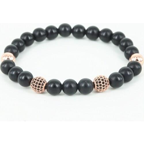 Fashion 8mm Matte Bracelet Onyx Female Gem Stone Beads Bracelets with Rose Gold Paved Black CZ Ball Beads Statement