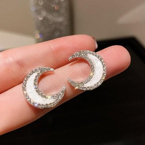 Trendy Shiny Moon Stud Earrings For Women Rhinestone Shell Temperament Earring Girl Wedding Party Engagement Jewlery Gifts