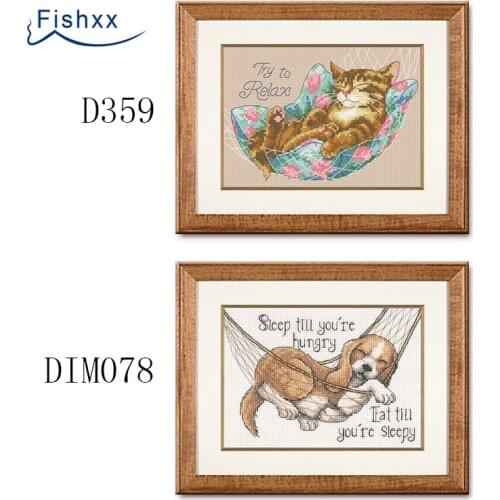 Fishxx Cross Stitch D359-078 Hammock Cat And Puppy Cute Animal Pattern Hand Embroidered Kit