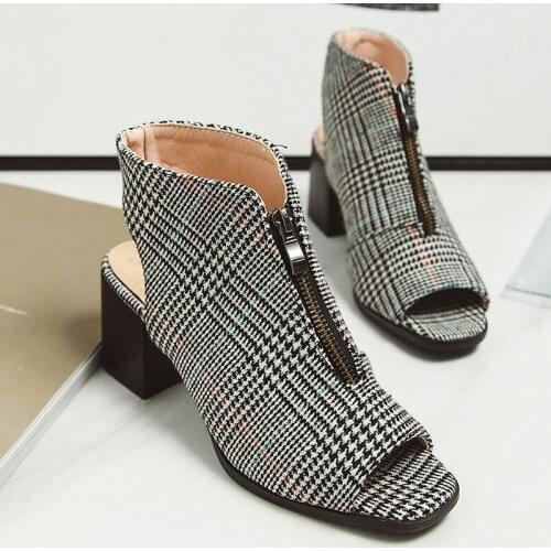 New Gingham Boots Women Sandals Gladiator High Heels Zipper Fish Mouth Block Heels Shoes Female Fashion Summer Zapatillas Mujer