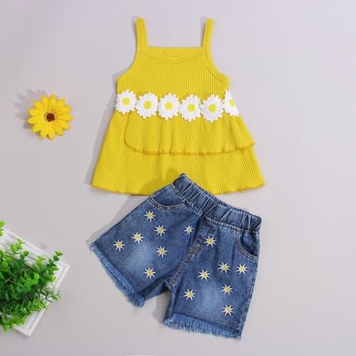 1-5Y Fashion Summer Toddler Baby Girls Clothes Sets daisy Printed Cotton Ribbed Sleeveless Tops Denim Shorts 2pcs