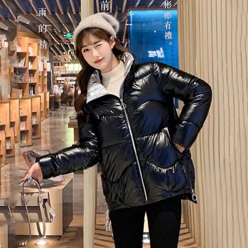 Padded Outwear Casual Coat Lady Shiny Female Parkas Winter Thick Solid Plus Size Womens Jacket Loose Stand Collar Glossy Cotton