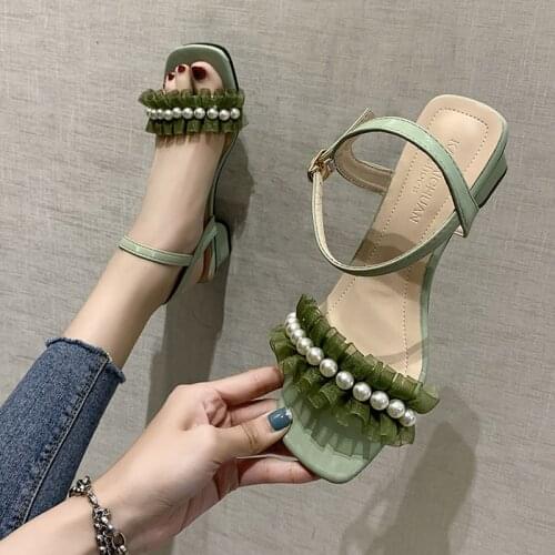 Sandals Female Fairy Wind 2021 Summer New Temperament Gentle Late Night Buckle Thick Heel Explosions Pearl High Heels