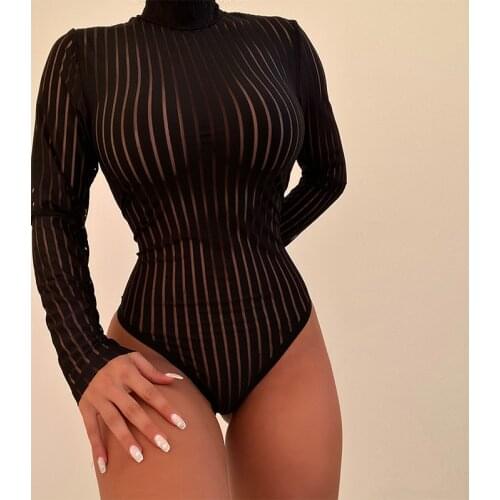 Sexy Black Striped Mesh Transparent Bodysuits Women Long Sleeves Turtleneck Bodycon Jumpsuit Clubwear Women Romper Sexy Lingerie