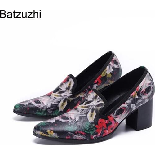 Batzuzhi Italian Style Men Shoes Pointed Toe 7.5CM High Heels Men Leather Shoes Print Flowers Fashion Party&Wedding Shoes Men