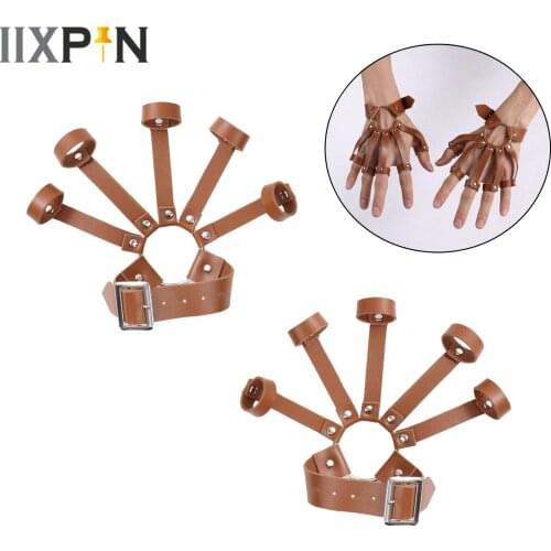 Unisex Steampunk Rock Bracelets with Finger Rings PU Leather Wristband Exotic Cosplay Rave Bangle Costume Adjustable Bracers