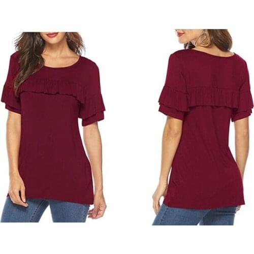 Womens New Fashion Solid Color Round Neck T-Shirt Wine Red