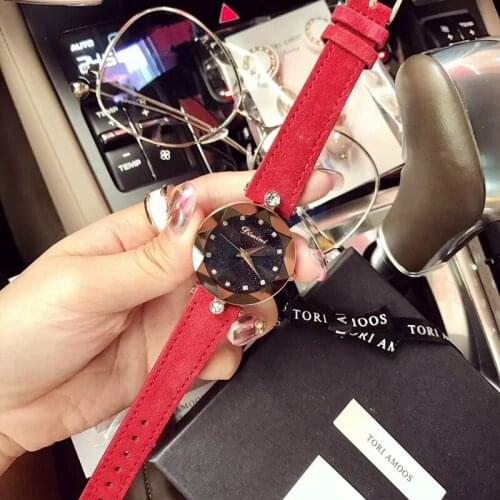 Candy Color Real Leather Watches for Women Faceted Crystal Watch Quartz 3Bar Waterproof Wrist watch Analog Dress Montre femme