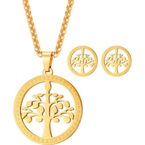 Fashion Tree of Life Necklace set Women Jewelry Gold-Color Stainless Steel Necklaces & Pendants earrings for Women S2577G
