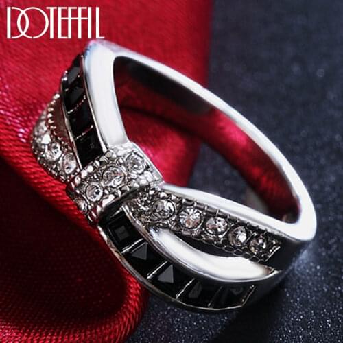 DOTEFFIL 925 Sterling Silver Black/Red/Blue Crystal Six Colors AAA Zircon Ring For Women Fashion Wedding Party Charm Jewelry