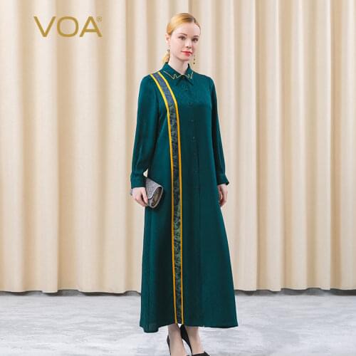 VOA Silk Jacquard Olive Green Embroidery Craft Long Sleeve Robe AE598 Asymmetric Collision Splicing Ladies Shirt Dress for Women