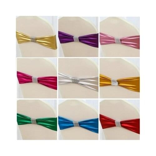 100PCS Elastic Spandex Chair Bow Sash Stretch Gold Silver Crystal Chair Sash Band For Banquet Hotel Wedding Chair Decoration