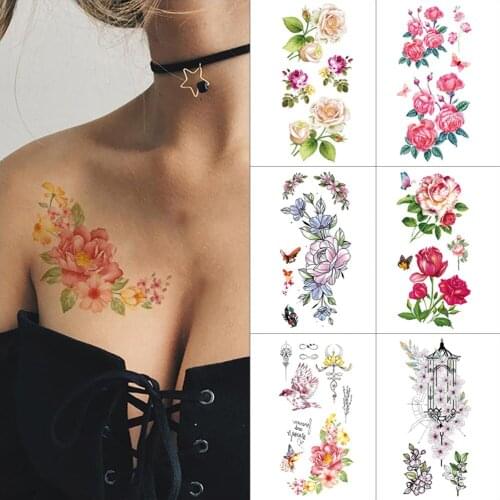 3D temporary tattoo stickers TL Pink rose peony waterproof tattoo beautiful butterfly color flower Body art tattoo for women