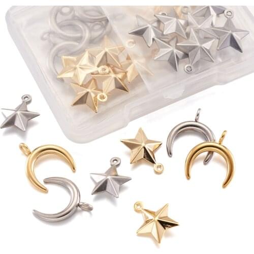 40pcs/box 304 Stainless Steel Pendants Star & Crescent Moon Charms Necklace Earrings DIY Jewelry Making 15~16.5x12~14.5x2~4mm