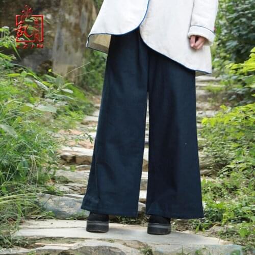 LZJN Winter Women Cotton Linen Pants Fleece Lined Warm Long Trousers Wide Leg Elastic Waist Pockets Loose Solid Color