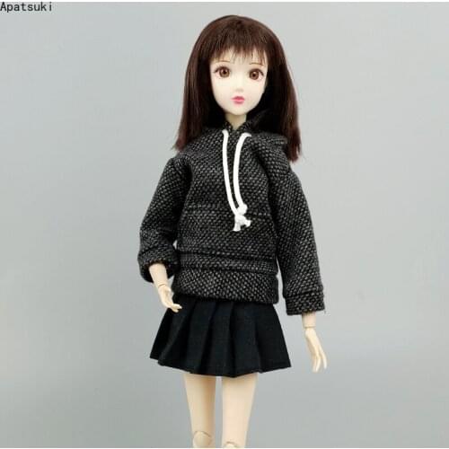 Black Dotted Clothes Set for Barbie Doll Outfits Top Sweatshirt Hoodies Black Pleated Skirt Students 1/6 Dolls Accessories Toys