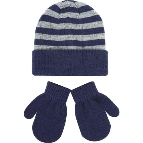 Childrens Hat Glove Set Boys Girls New Style Striped Knitted Hat Warm Gloves Two-piece Set Kids Winter Hat Windproof