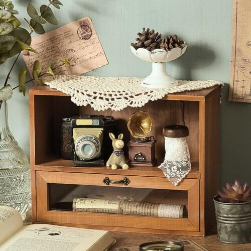 Dual Layer Storage Box With Drawer Wooden Storage Bin Organizer For Ornaments Cosmetics